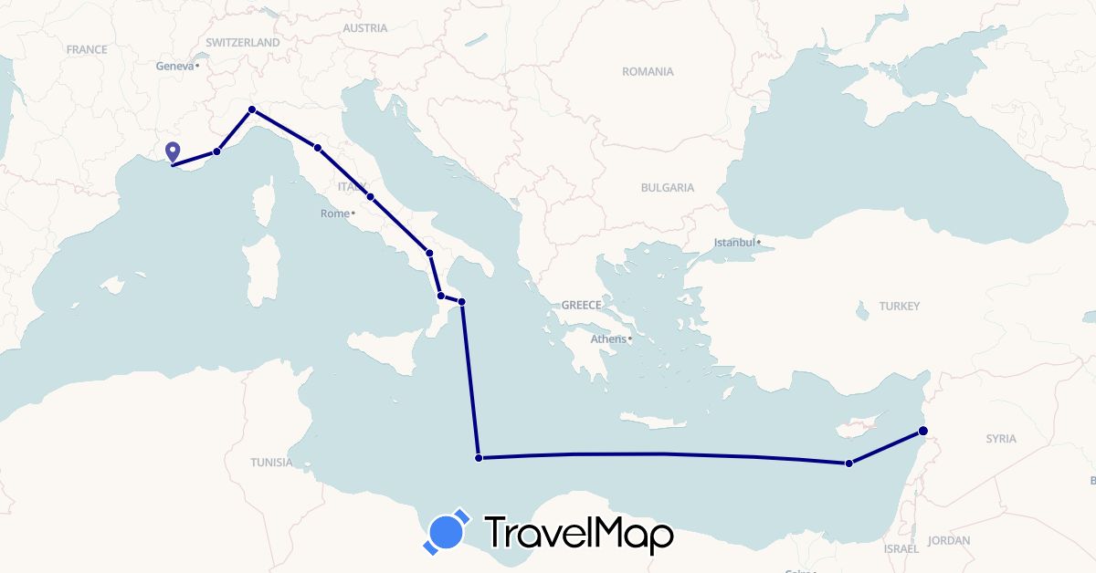 TravelMap itinerary: driving in France, Italy, Syria (Asia, Europe)